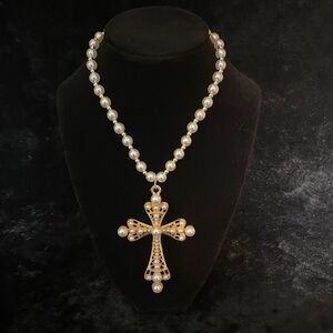 14K Gold & Pearl Gothic Cross Necklace